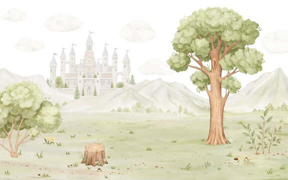 Watercolor horizontal landscape with green meadow, tree, bush, stump and cute castle in the mountains on backdrop clouds. Handmade template for your design wallpapers, background, mural for kids room