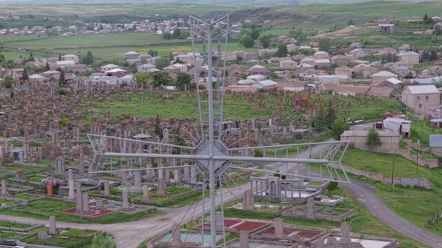 Aerial view of Noratus Cemetery in the Armenian countryside, Armenia.