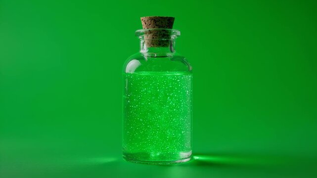 Glass bottle with green liquid and cork stopper on green background.