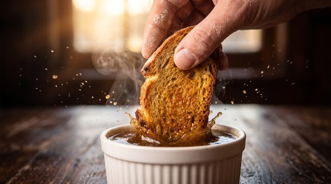 Close-up of crispy toast dipping into hot steaming soup with delicious splash