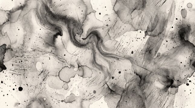 Seamless abstract black ink grunge texture featuring organic pigment dispersion, subtle ink pooling, dry-brush marks, translucent gray layers, and irregular speckled particles. Perfect for editorial l