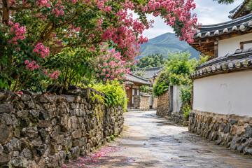 Obraz premium Crepe Myrtle Over a Korean Village Lane