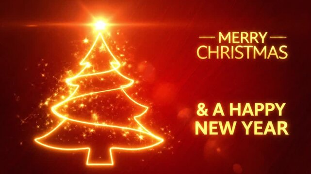 Glowing gold neon Christmas tree line art on red wood texture as a perfect modern festive video backdrop