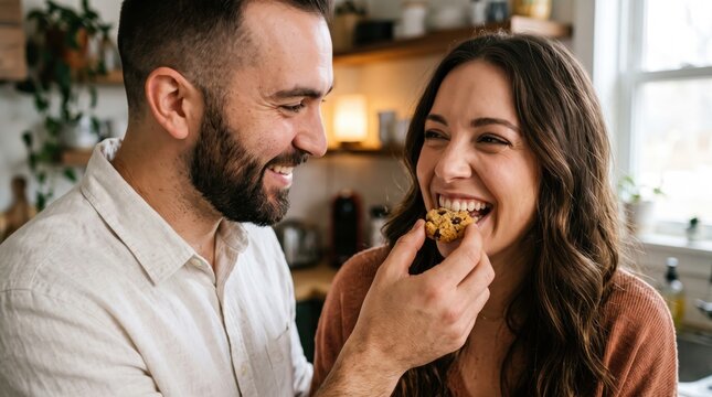 Happy young couple sharing a sweet moment in the kitchen at home, smiling man feeding a delicious chocolate chip cookie to his joyful girlfriend, candid romantic domestic life photography style.