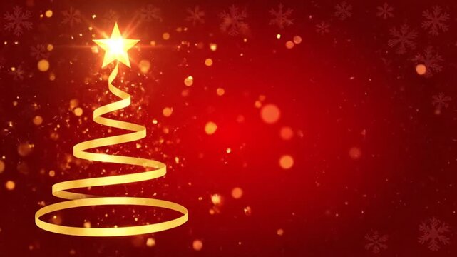 Golden abstract spiral Christmas tree with shining star on red background as a perfect holiday video loop