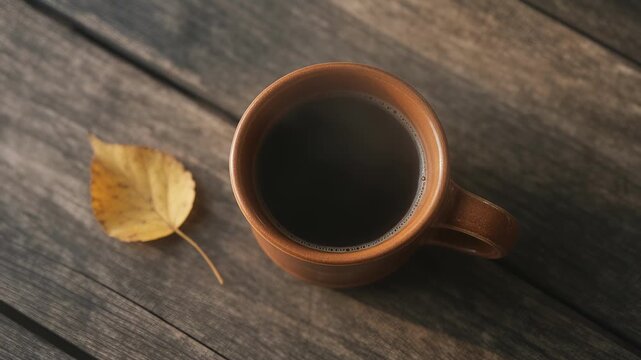 Food - Hot coffee mug on wooden table with autumn leaf