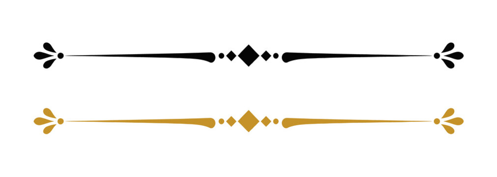 Text divider ornament illustration in black and gold with central diamond shape