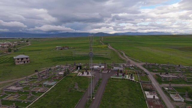 Aerial view of Noratus Cemetery with historic khachkars, Armenia.