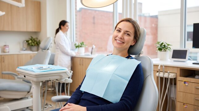Smiling woman patient sitting in a dental chair wearing a blue bib in a modern clinic with a dentist in the background, representing healthcare, oral hygiene, and routine dental checkups in a bright.