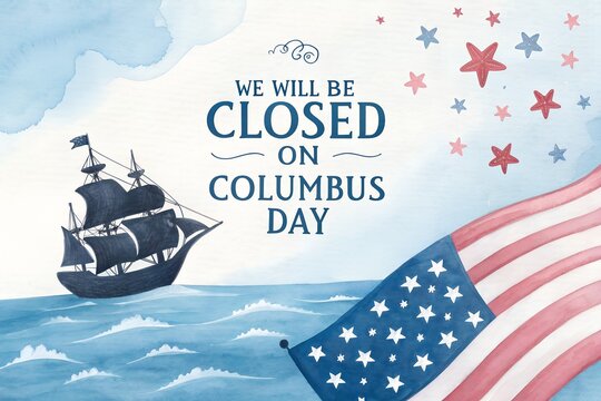 Watercolor USA Flag We Will Be Closed On Columbus Day Notice Banner, Columbus Day Business Closed Announcement Card Template Vector, Patriotic We Will Be Closed Columbus Day Store Sign Background, Wat