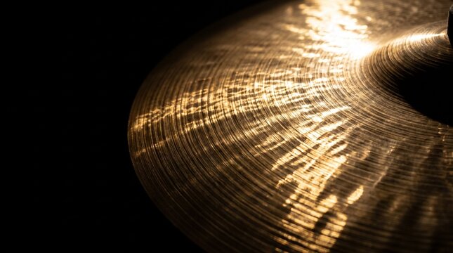 Close Up View of Golden Drum Cymbal Surface with Shiny Metallic Texture on Black Background