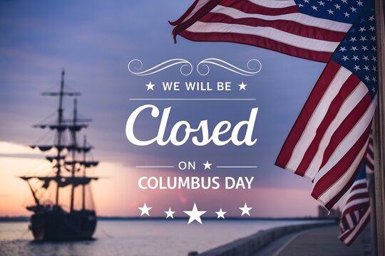 We Will Be Closed On Columbus Day USA Flag Notice Poster, Columbus Day Business Office Closed Announcement Banner Background, Patriotic We Will Be Closed Columbus Day Celebration Greeting Card, Columb