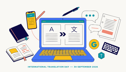 Fototapeta premium Digital laptop displaying translation symbols with stationary icons for international day