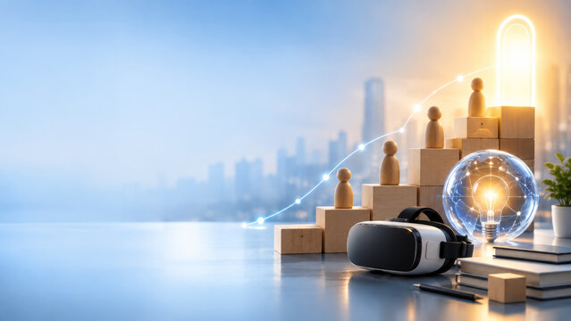 Business training and learning are evolving with coaching for future using technology like virtual reality and digital innovation in modern city office environment