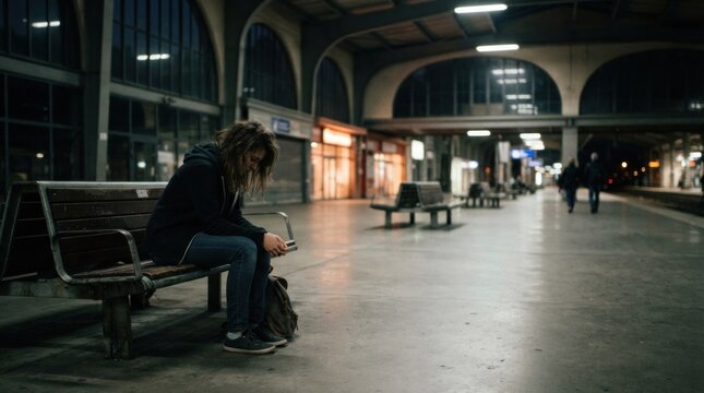 A woman with long hair sitting on a bench at a train station, looking at her phone.