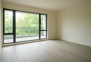Obraz premium Real estate and home staging, empty modern apartment interior with large windows and balcony overlooking green trees in a quiet residential neighborhood