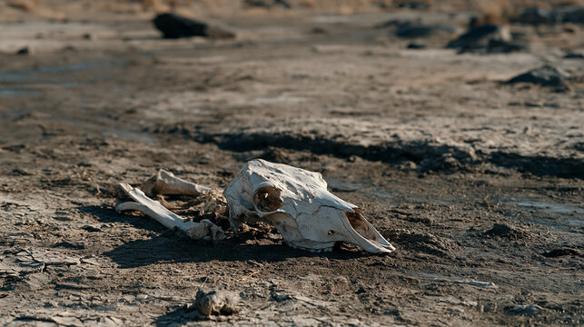 Bleached bones of large animal resting in dried river channel with cracked mud, megadrought livestock death water scarcity symbol pastoral collapse climate mortality visceral
