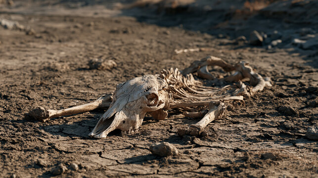 Bleached bones of large animal resting in dried river channel with cracked mud, megadrought livestock death water scarcity symbol pastoral collapse climate mortality visceral