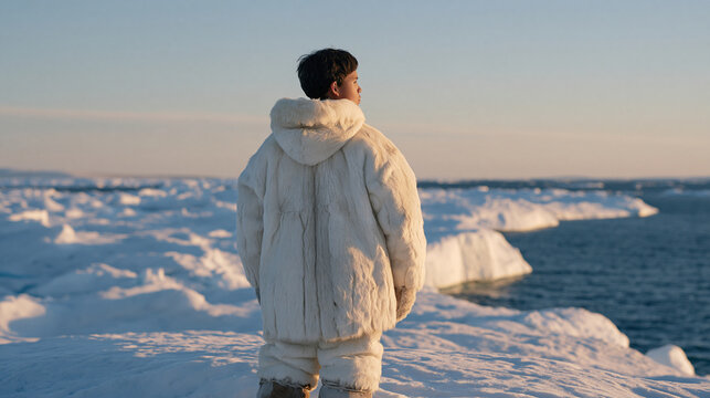 A young Inuit hunter stands on an unstable, rotting ice edge far from shore, traditional hunting ground loss, Arctic sea ice thinning, indigenous subsistence crisis, cultural