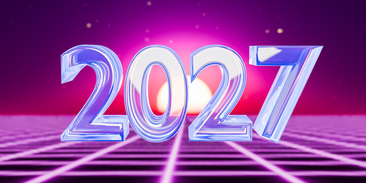 Glowing numbers 2027 new year styled in retro wave aesthetics placed over digital grid against vibrant pink sunset background for futuristic party 3d illustration