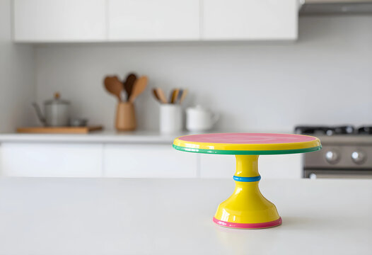 Baking and pastry presentation, colorful cake stand on kitchen counter for food display and dessert preparation in a modern home interior setting