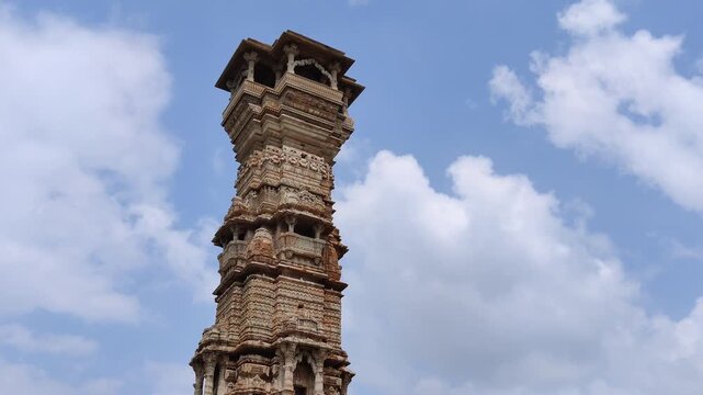 Chittorgarh, Rajasthan, India 15 September 2026: Footage of Vijay Stambh also known as the Tower of Victory in Chittorgarh Fort shot against a beautiful sky during daylight

