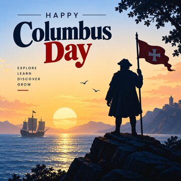 Silhouette of historical explorer holding flag on cliff overlooking sea and sailing ship at golden