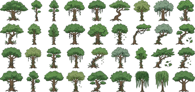 Collection of cartoon style green jungle tree vectors with hanging vines isolated on white