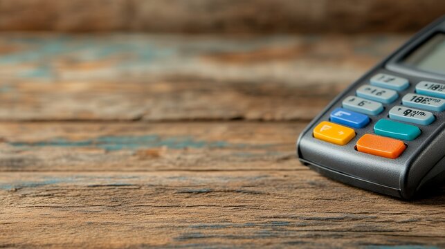 A close-up shot of a payment terminal rests on a rustic wooden surface, ready for a transaction