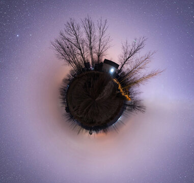 A surreal tiny planet landscape featuring bare trees, a small building, and a starry purple night sky. Fog softens the scene's edges.
