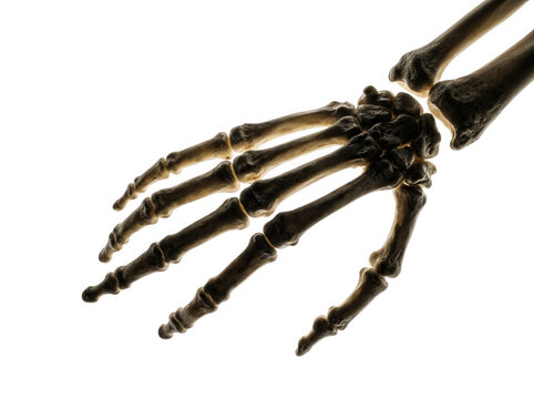 Realistic human hand skeletal structure showing detailed bone texture isolated on transparent background