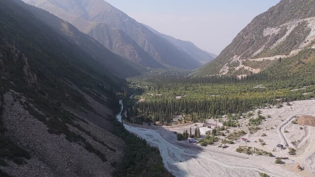 Aerial view of Ala Archa National Park in the mountains, Kyrgyzstan.