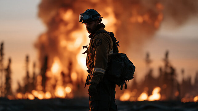 Wildfire smoke column rising from a burning boreal forest in northern Canada, a Cree firefighter in protective gear stands silhouetted against the amber haze, forest fire crisis,