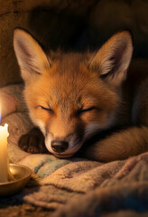 Fototapeta premium Cozy comfort and relaxation, sleeping baby fox resting near a warm candle flame in a peaceful den for winter hibernation and wildlife tranquility