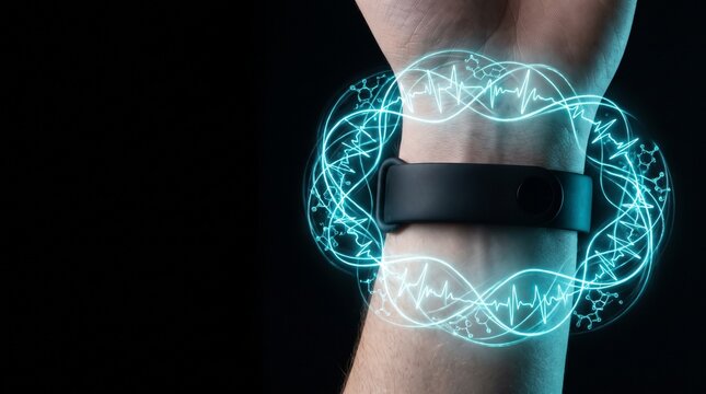 Smart fitness band on wrist with futuristic glowing health tracking holographic interface