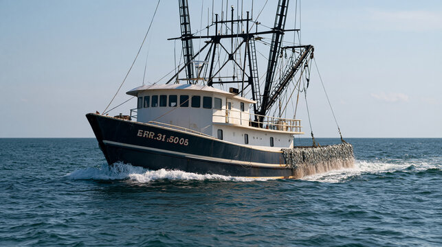 Industrial trawler dragging massive nets across an already depleted ocean floor, bycatch streaming over the deck railing, overfishing devastation, seafloor habitat destruction,