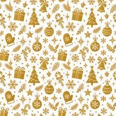 Naklejka premium Golden christmas pattern with gifts trees ornaments and winter holiday elements