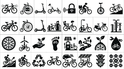 Obraz premium Bicycle icons grid showing various types of bikes, sustainable transport, eco mobility, and cycling infrastructure symbols.