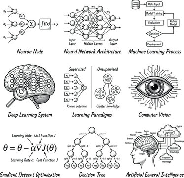 Neural network architecture and machine learning diagrams illustration  