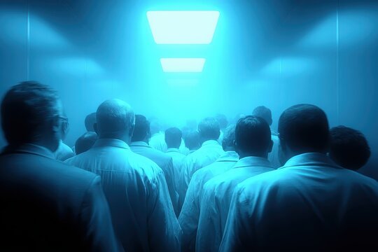 In an eerie blue light, a group of people walk in unison down a corridor, a collective movement suggestive of conformity, control, and institutionalization