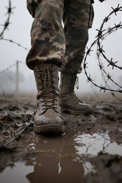 Mud-covered military combat boots standing on wet uneven ground between tangled coils of barbed wire in a foggy, desolate landscape.