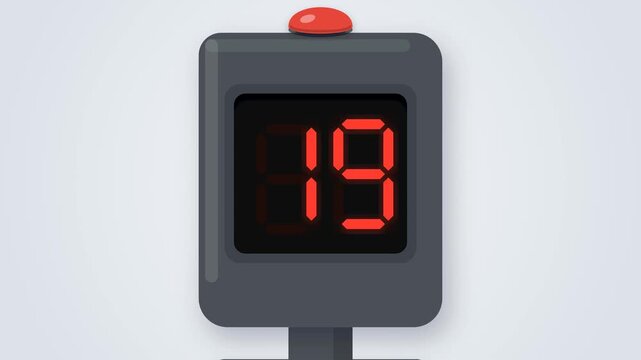Clay-style desktop counter with red seven-segment display. A top button press triggers a mechanical segment snap and increments numbers from 0 to 31, looping seamlessly.