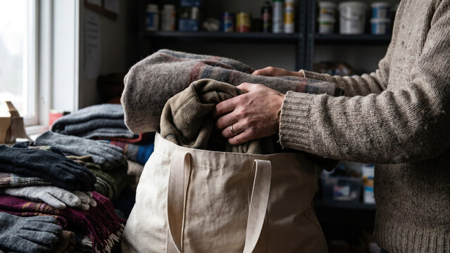 Worker Packing Essential Winter Items for Families in Need Facing Hardship