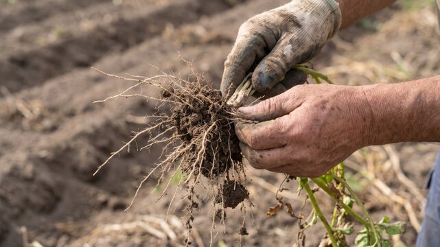 Examining Roots of Plant After Removing Soil for Health Assessment