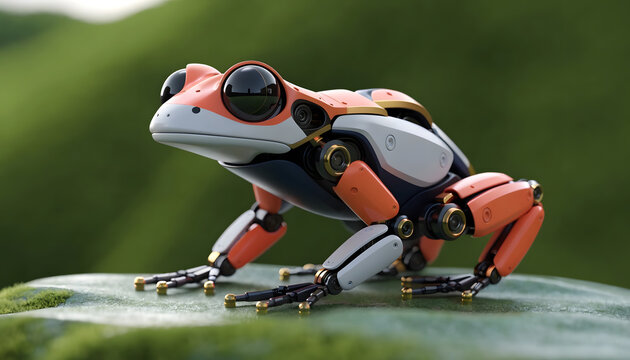 High-tech mechanical tree frog resting on garden leaf. Future bionic robotics and automated wildlife. Sleek engineered robotic frog perching on a green leaf surface