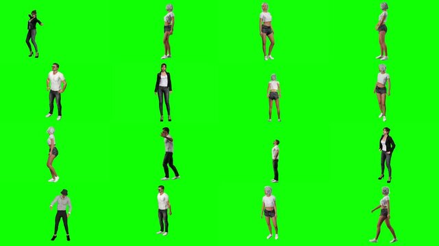 Realistic 3D digital humans walking and waiting in casual postures, rendered against a bright green screen background for easy keying, rotoscoping, and seamless modern VFX movie compositing.