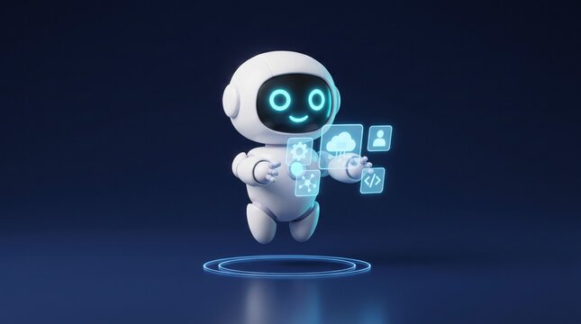 White cute friendly robot interacting with holographic digital icons for cloud computing development on a sleek dark blue studio setting