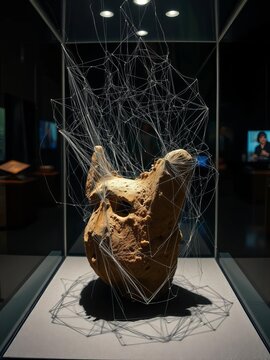 Dusty, cobweb-covered artifact in museum display case, ancient, ||artifact