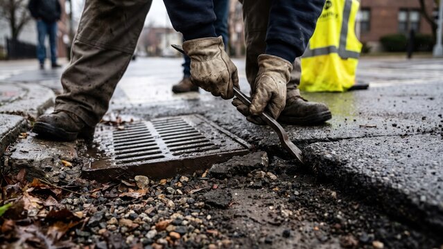 Worker Repairing Damaged Pavement Around Stormwater Inlet on City Street