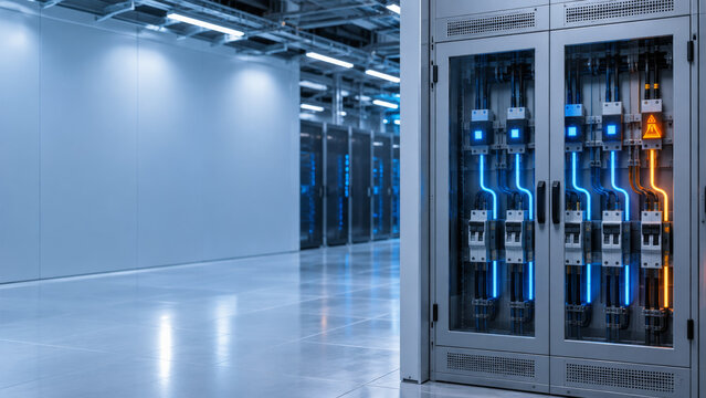 Data center equipment with illuminated warning indicator highlights anomaly detection in modern secure server room environment with advanced technology infrastructure